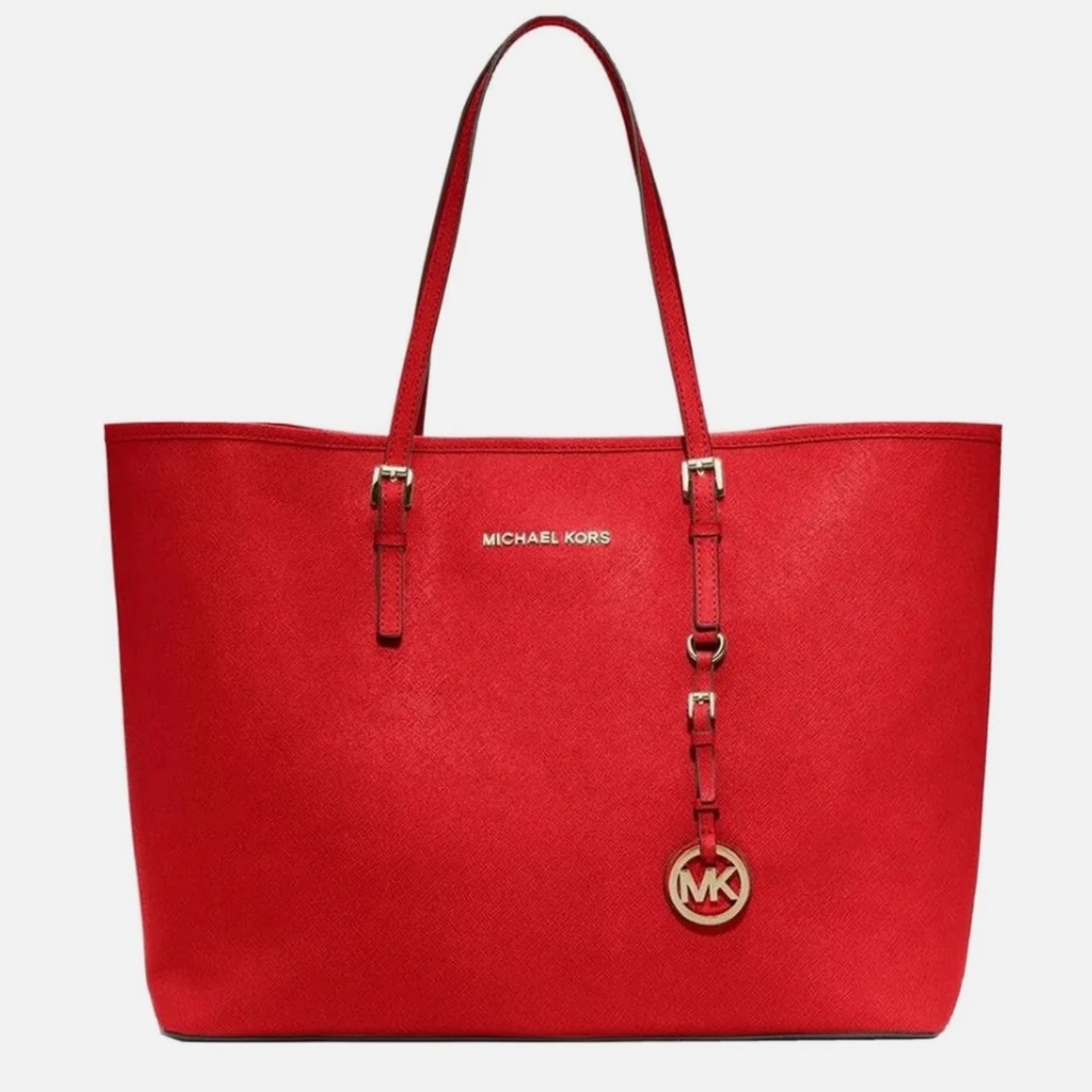 ichael Kors Jet Set Travel Shoulder Tote Handbag Large | Flame Saffiano Red